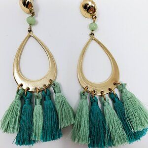 Gold Teardrop Earrings with Mint Green and Teal Tassels